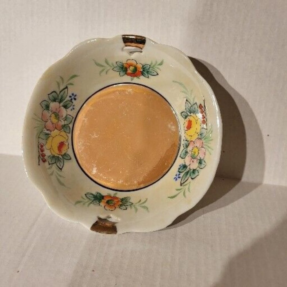 Vintage Japan Luster Porcelain Bowl Dish Gold Floral Flowers Double Handle